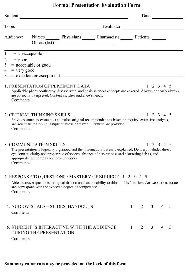 a presentation rating form example