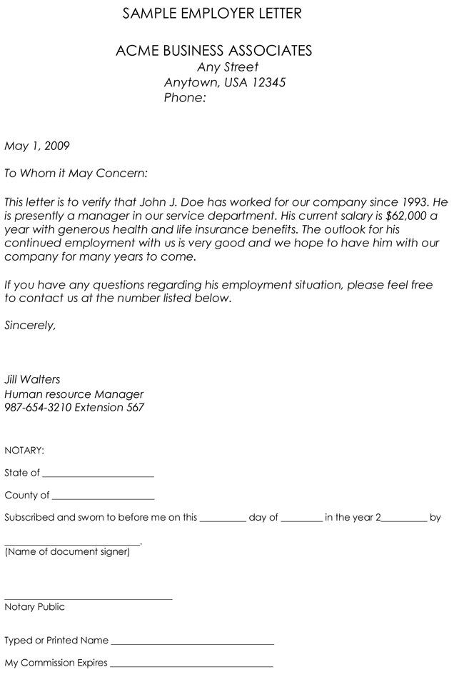 sample employment verification letter