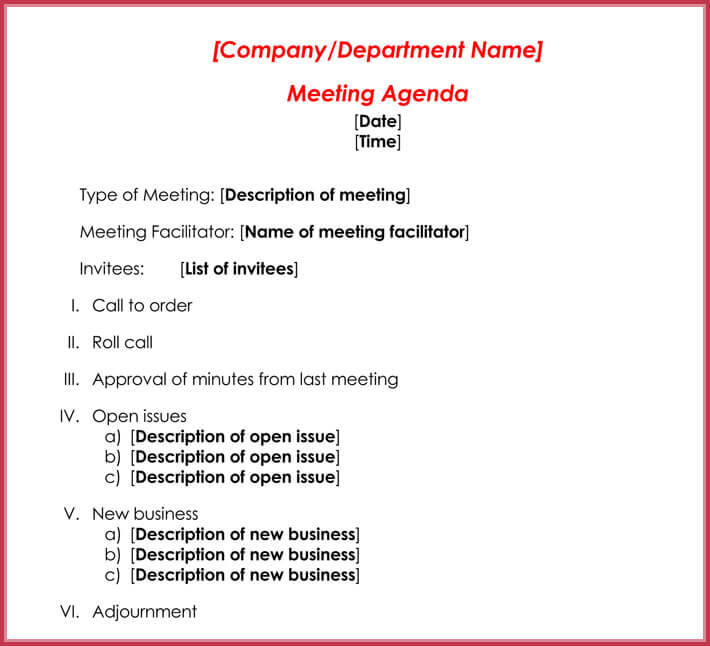 Formal Meeting Agenda Template - 12+ Best Samples for Word & PDF