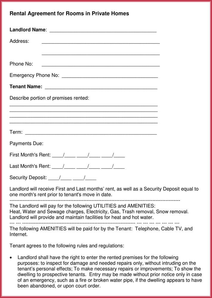Tenancy Agreement Template For Renting A Room