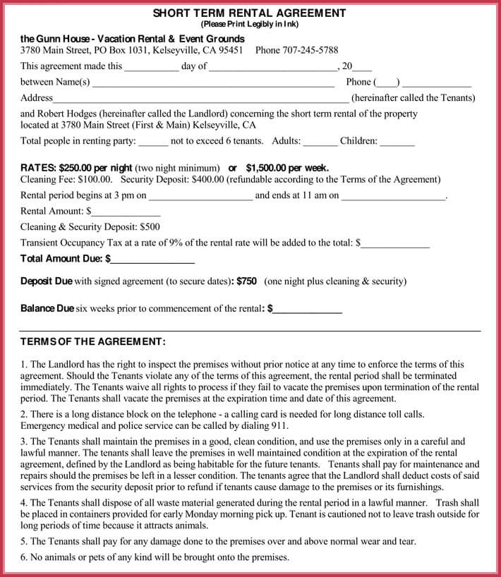 free short term rental lease agreement forms templates