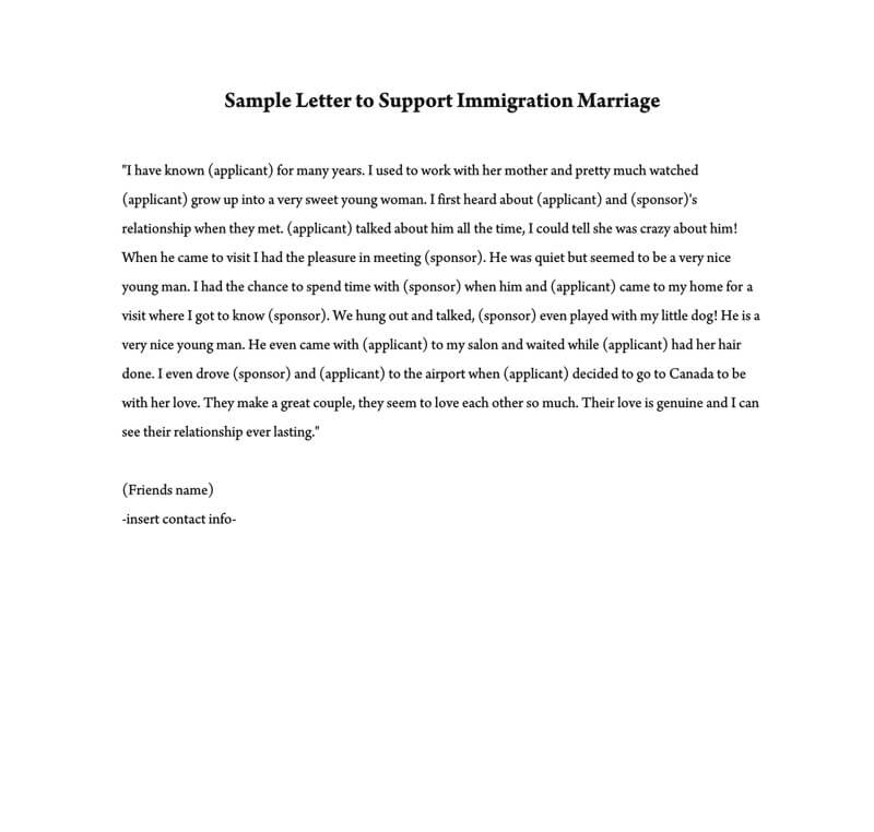 Reference Letter To Support Immigration Marriage 5 Samples