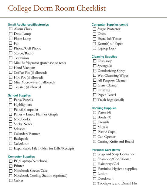 dorm room move in checklist