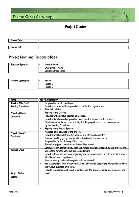 Project Charter Excel Template