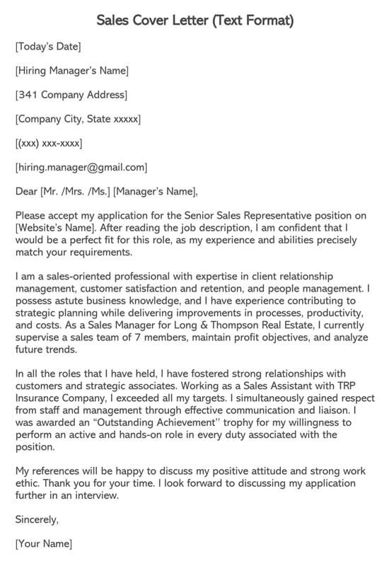 short cover letter for sales position