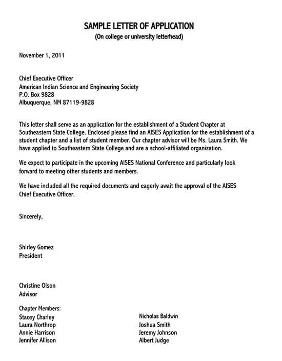 sample application letter for company