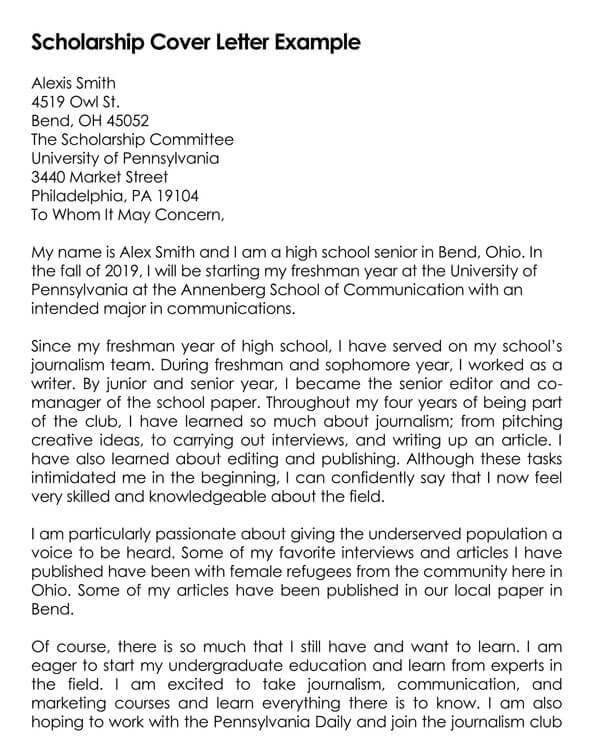 example of cover letter for scholarship