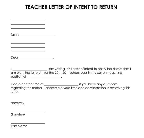 Teacher Letter Of Intent To Return Format Examples Template 