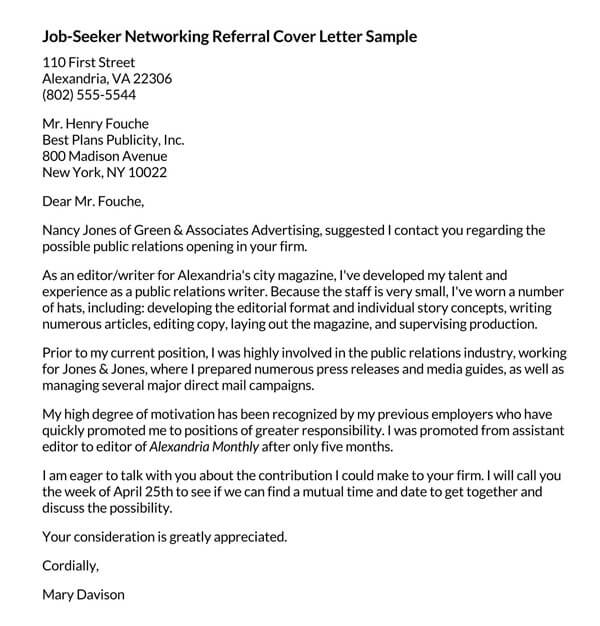 cover letter sample with referral from friend