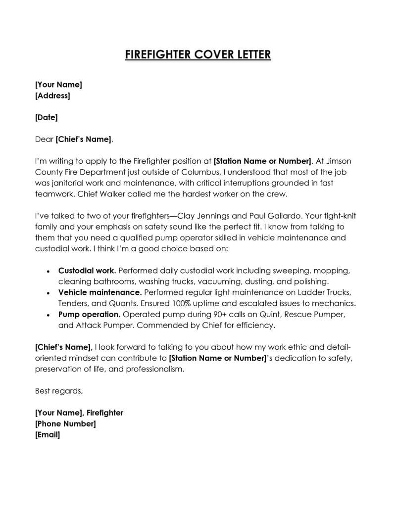 sample cover letter for firefighter position with no experience