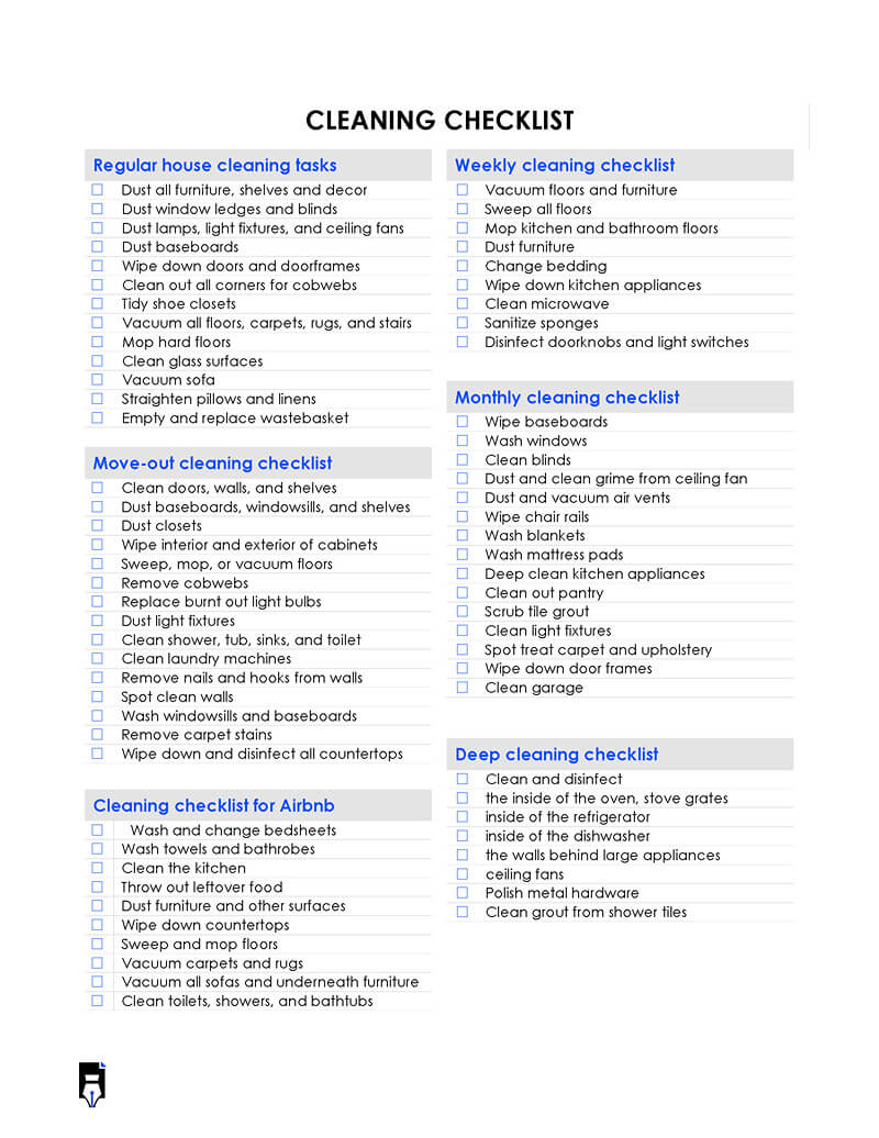 Free House Cleaning Checklists - Editable - Word